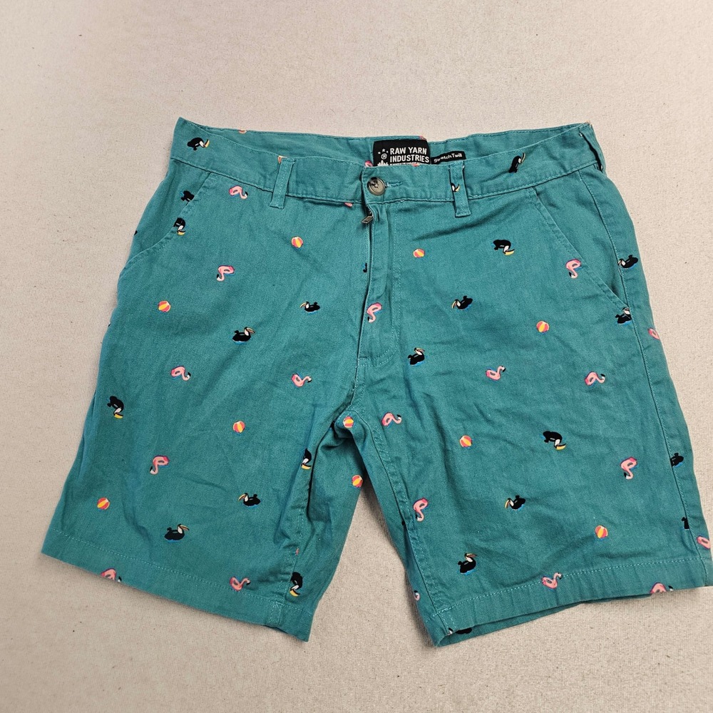 Raw Yarn Industries Mens 34 Stretch Twill Shorts Teal Flamingo Toucan Tropical